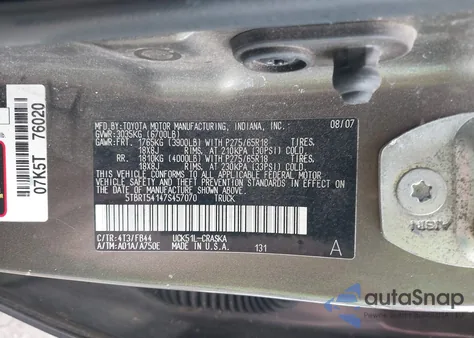 2007 Toyota Tundra Sr5 4.7L V8 из США, поврежденный, VIN 5TBRT54147S457070